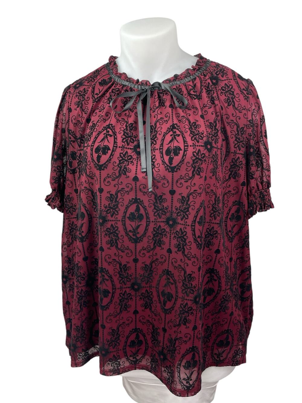 Bloomchic Women's Red Floral Batik Ruffle Short Sleeve Tie Blouse Top Size 22/24